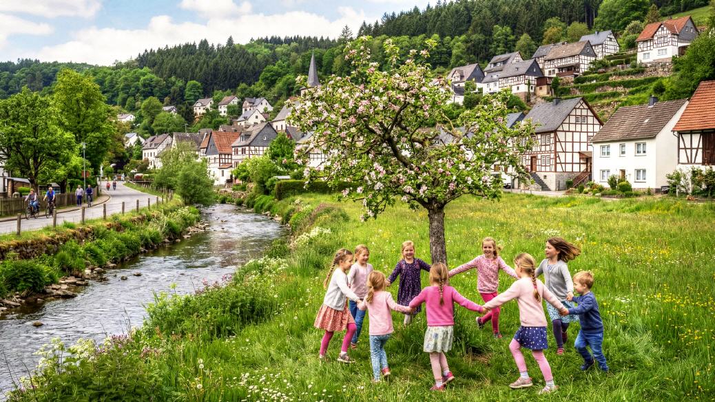 Ringelreihen in einem Dorf im Ahrgebirge.